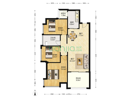 中信凯旋蓝岸A区 3室2厅1卫 89平方
