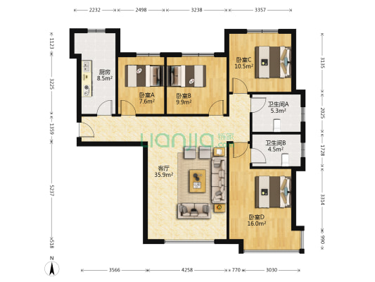 南北通透4居室，全明东户，主卧带转角飘窗。-户型图