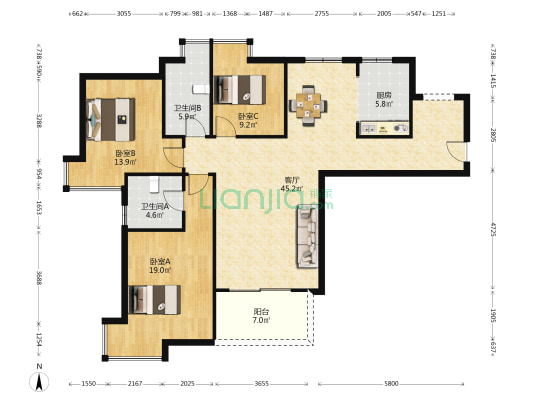 湖滨壹号花园三期 3室1厅2卫 131平方