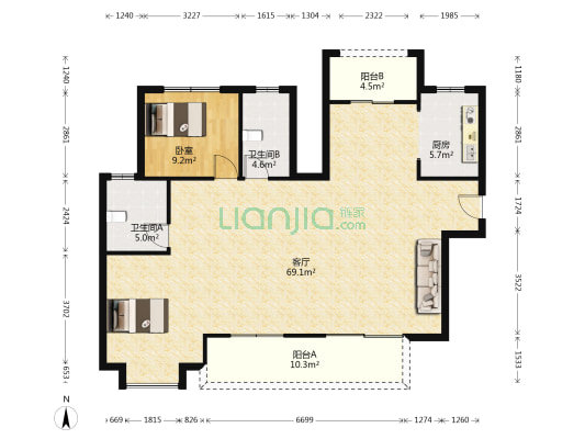 锦深汉南公馆 1室1厅2卫 129平方