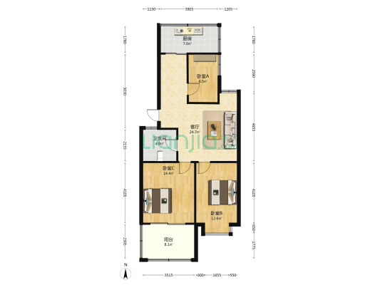 大桥新村 3室1厅1卫 93平方