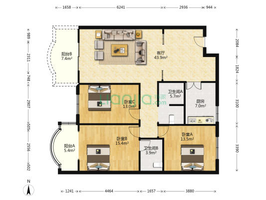 芙蓉花园 3室1厅2卫 134平方