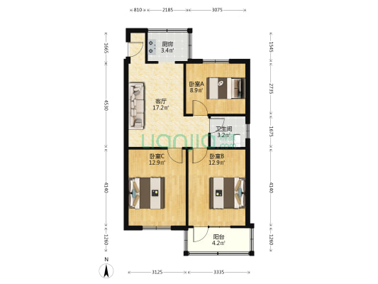 消防队宿舍 3室1厅1卫 70平方