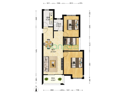 新城吾悦华府 3室1厅1卫 88平方