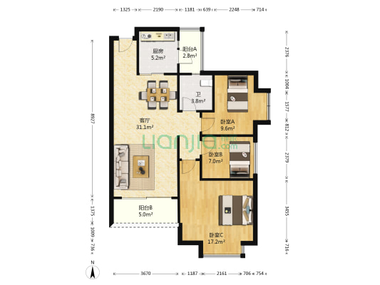 汇尚华庭 3室1厅1卫 92平方
