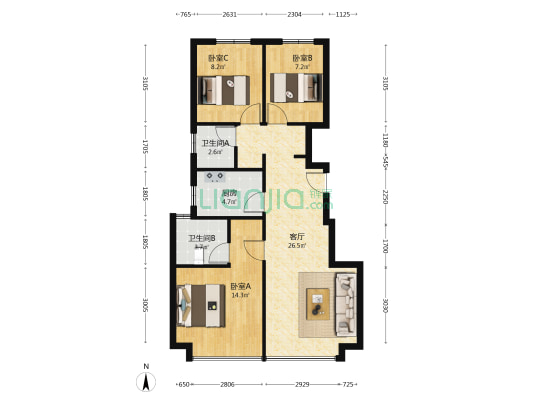 双卫三居室，价格可议，一梯两户，南北通透-户型图