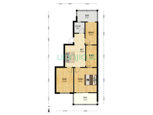 保险公寓 3室1厅1卫 65平方