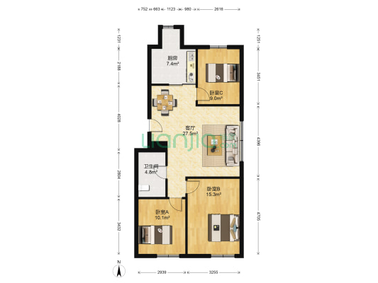 中德节能示范园 3室1厅1卫 98平方