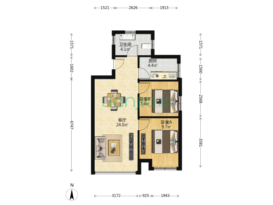 自由星城二期 2室1厅1卫 65平方