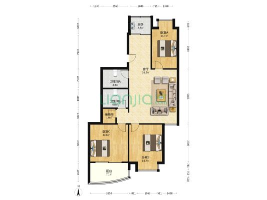集景家园 3室1厅2卫 117平方