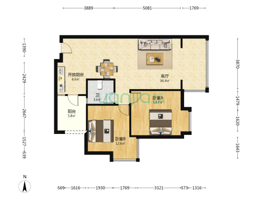 春天国际 2室1厅1卫 88平方