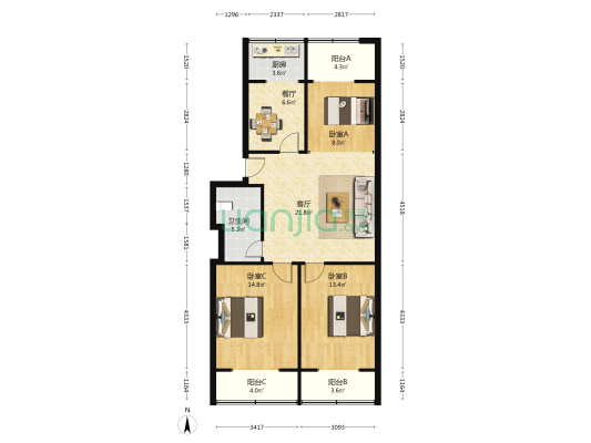 工行银华院 3室2厅1卫 87平方