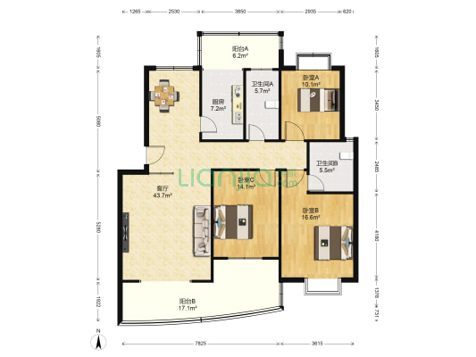 一品台A区 3室1厅2卫 128平方