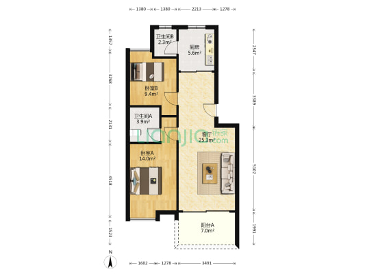东骏花园 2室1厅2卫 80平方