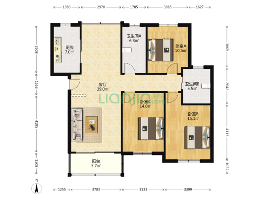 金汇花园 3室1厅2卫 126平方
