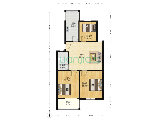 新方舟小区 3室1厅1卫 87平方