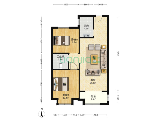 兴业西部新区 2室1厅1卫 93平方