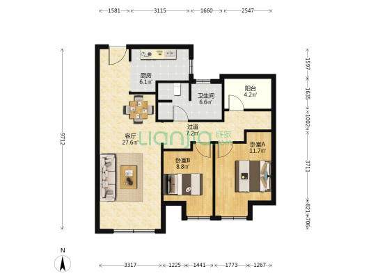 龙湖亿联·春江天玺 2室1厅1卫 99平方