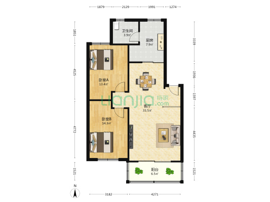 龙腾小筑 2室1厅1卫 95平方