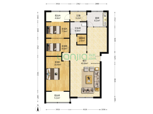 凤溪大道中段89号 3室1厅1卫 119平方