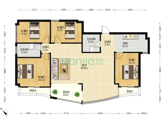 龙江苑 4室1厅2卫 151平方