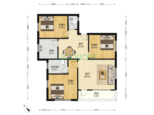 中山东路 3室2厅2卫 104平方