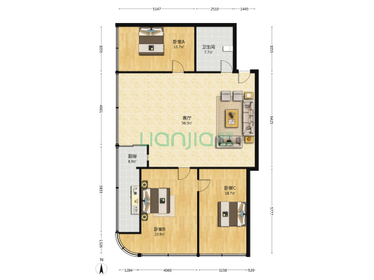 力通公寓 3室1厅1卫 154平方