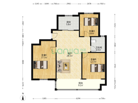 天一镜台山二期汀澜 3室1厅1卫 118平方