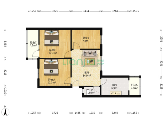粮食街51号 3室1厅1卫 80平方