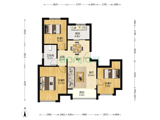 中南菩悦东望府 3室1厅1卫 96平方