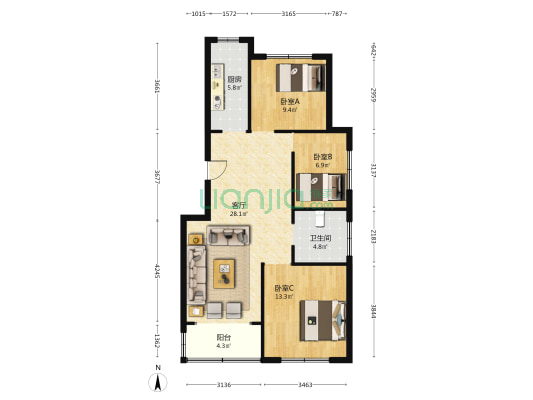 宁发凤凰城 3室1厅1卫 106平方