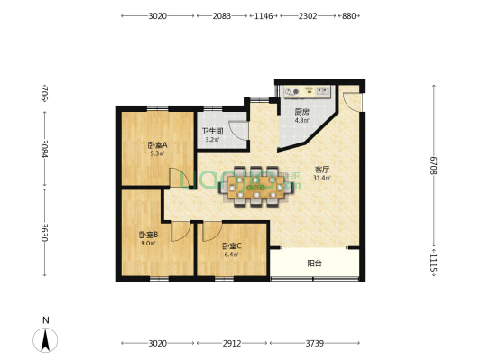 芙蓉苑 3室1厅1卫 88平方