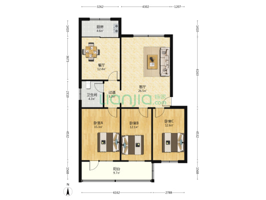 润新小区 3室2厅1卫 122平方