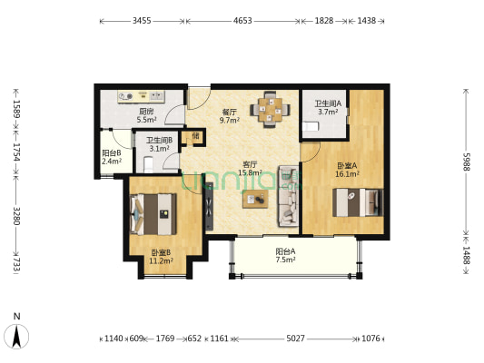 嘉亭菁苑 2室2厅2卫 100平方