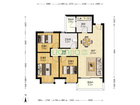 颂学雅苑 3室1厅1卫 97平方