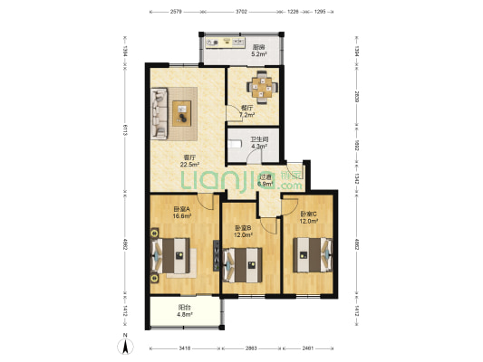 金牛小区 3室2厅1卫 106平方
