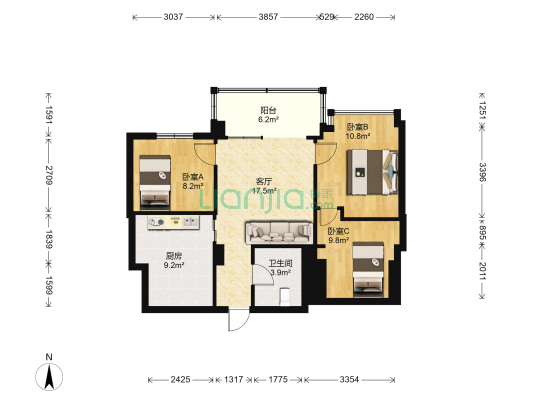 中华大厦 3室1厅1卫 89平方