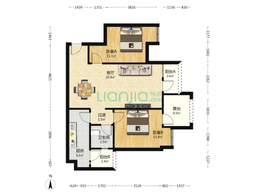 恒大轨道时代二期 2室1厅1卫 88平方