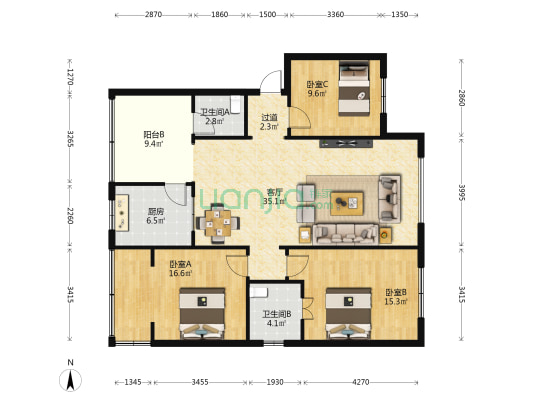 建委宿舍乙区 3室1厅2卫 120平方