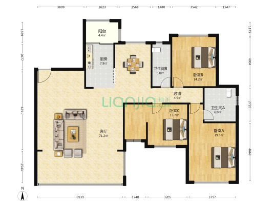 永兴·滨湖一号A区 3室1厅2卫 155平方