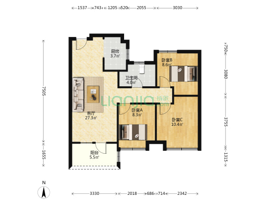 高新区 中冶未来城一期 89平小三居 南北通透集中供暖-户型图