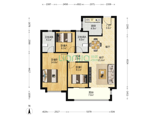 西安·泛悦城 3室1厅2卫 108平方