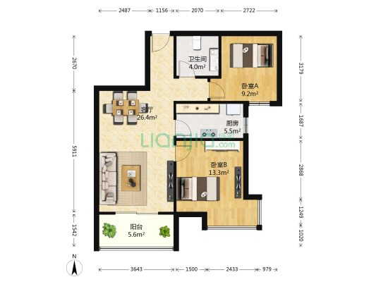 万达文化旅游城D区 2室1厅1卫 77平方