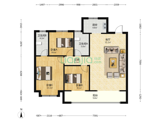 泽信公馆 3室1厅2卫 125平方