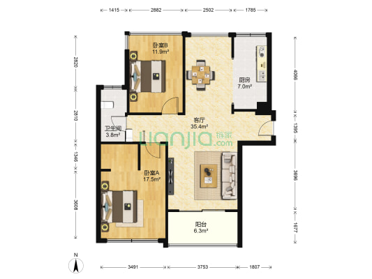 中梁天御三区 2室1厅1卫 95平方