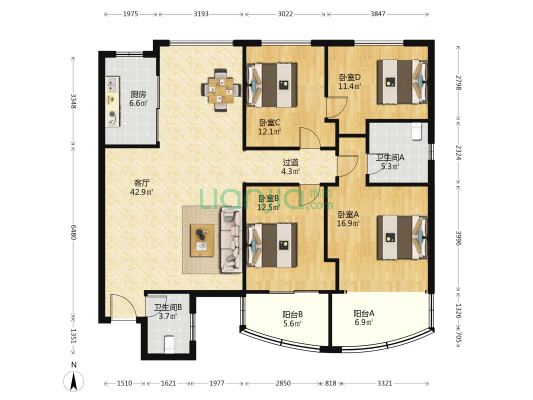 雅园小区 4室1厅2卫 158平方