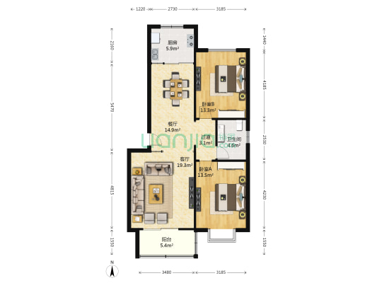 吉祥广场法院新宿舍 2室2厅1卫 98平方