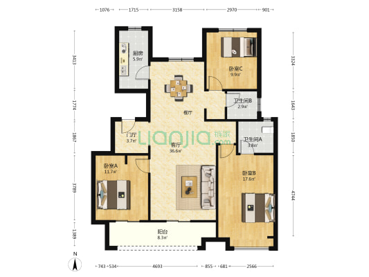 时代艺境二期 3室1厅2卫 122平方