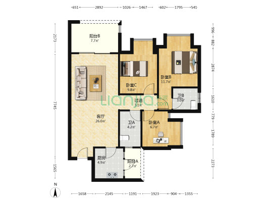 瀚恩悦园 3室1厅2卫 100平方