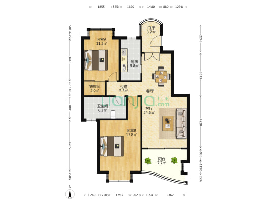 龙游御境 2室1厅1卫 97平方
